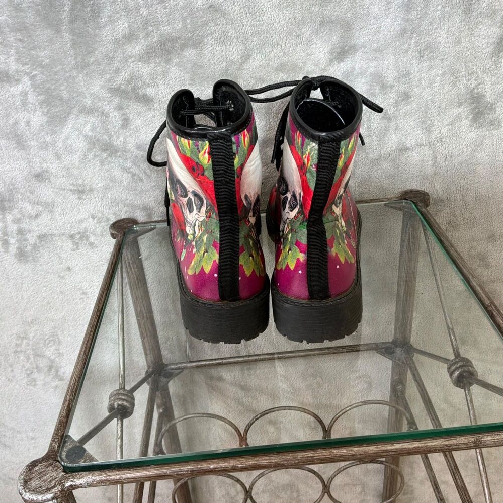 WOMENS Skull Roses Combat Boots Goth Festival Rave Sz 40 / US 9 pink purple - Picture 4 of 8